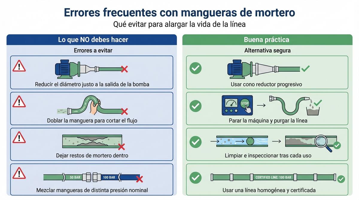 Infografía que muestra errores comunes al usar mangueras de mortero y sus alternativas seguras