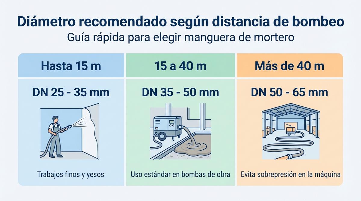 Infografía que muestra la relación entre distancia de bombeo y diámetro interior recomendado de la manguera para mortero