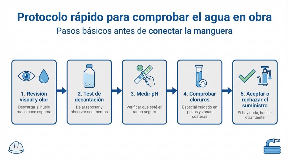 Diagrama con los pasos básicos para comprobar la calidad del agua en obra antes de usarla en mortero
