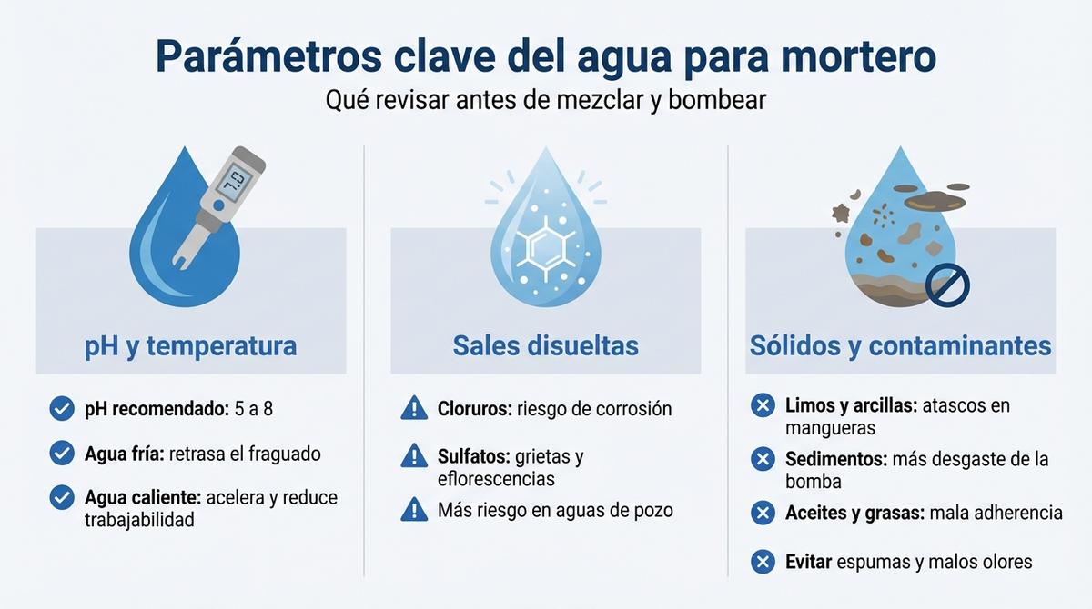Infografía con los parámetros clave que debe cumplir el agua para mezclar y bombear mortero