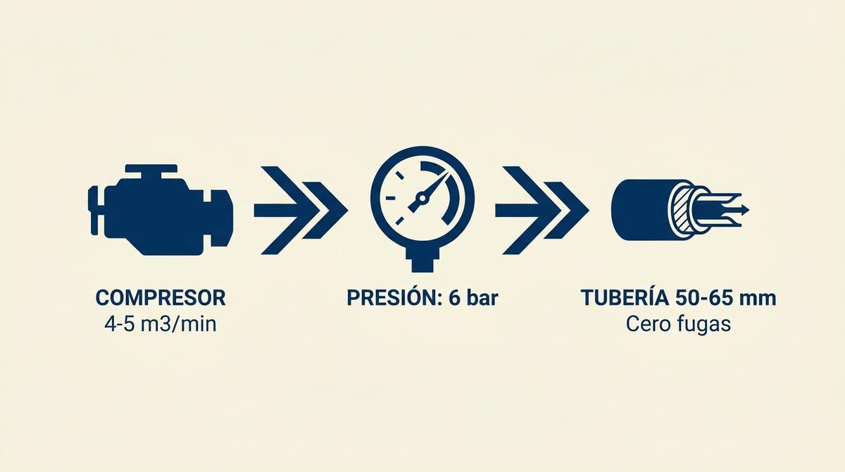 Esquema visual de los parámetros de caudal de aire y presión neumática necesarios para maquinaria de solado