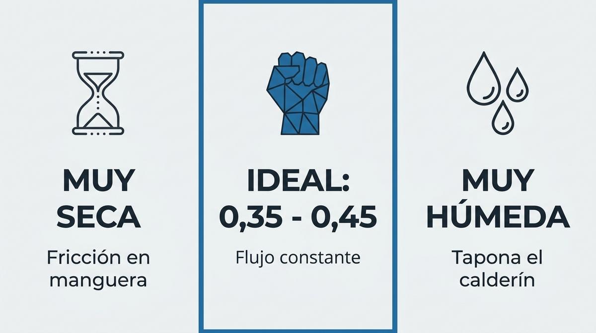 Infografía comparativa de la humedad ideal del mortero semiseco frente a excesos y defectos de agua