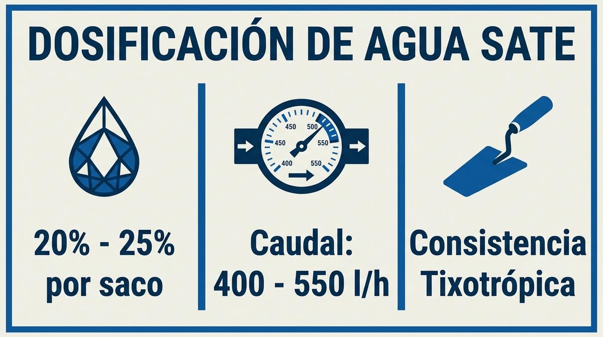 Infografía de la dosificación correcta de agua y caudal para lograr un mortero sate de consistencia tixotrópica.