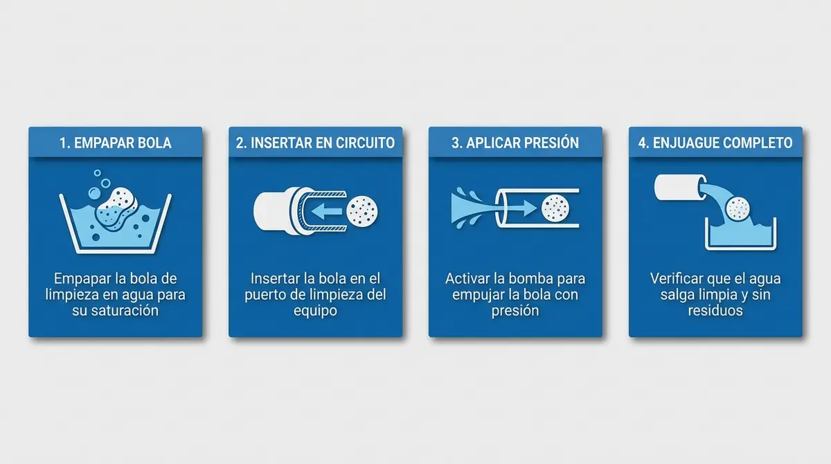 Guía visual paso a paso para la limpieza de la manguera de yeso mediante bola de esponja.