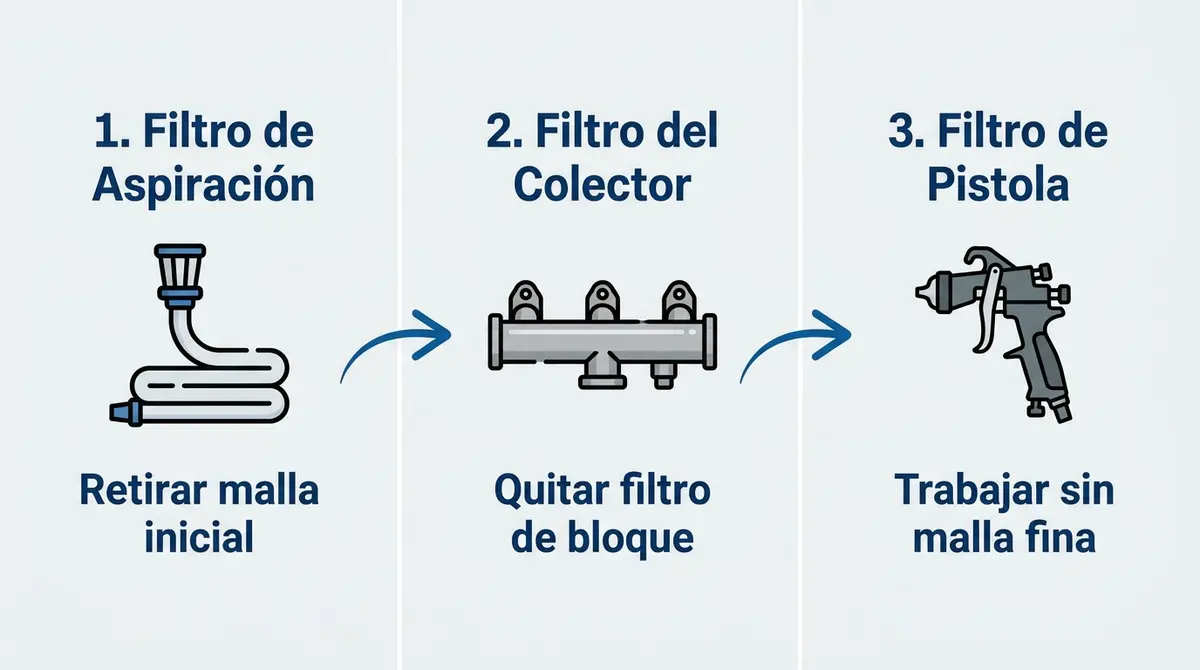Infografía técnica con los tres puntos críticos de limpieza de filtros para evitar la cavitación en el equipo de proyección de masilla