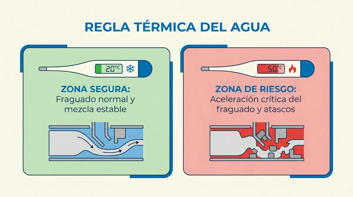 Infografía sobre la temperatura recomendada del agua para mezclar yeso proyectado.