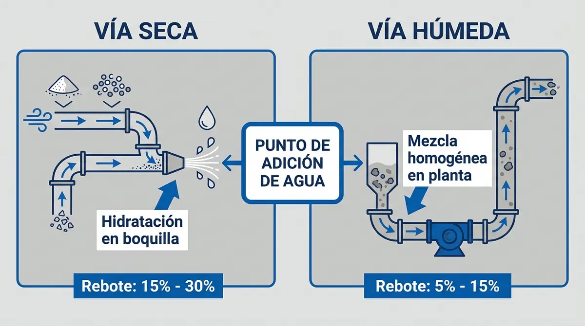 Diagrama técnico comparativo del proceso de gunitado por vía seca frente a vía húmeda y punto de mezcla de agua