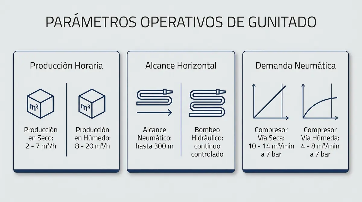 Tabla visual comparativa de rendimiento volumétrico, distancia de transporte y caudal de aire en gunitado